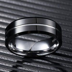 Mens Tungsten Wedding Band (8mm). Black Polished Tungsten Ring w/ Silver Tone.